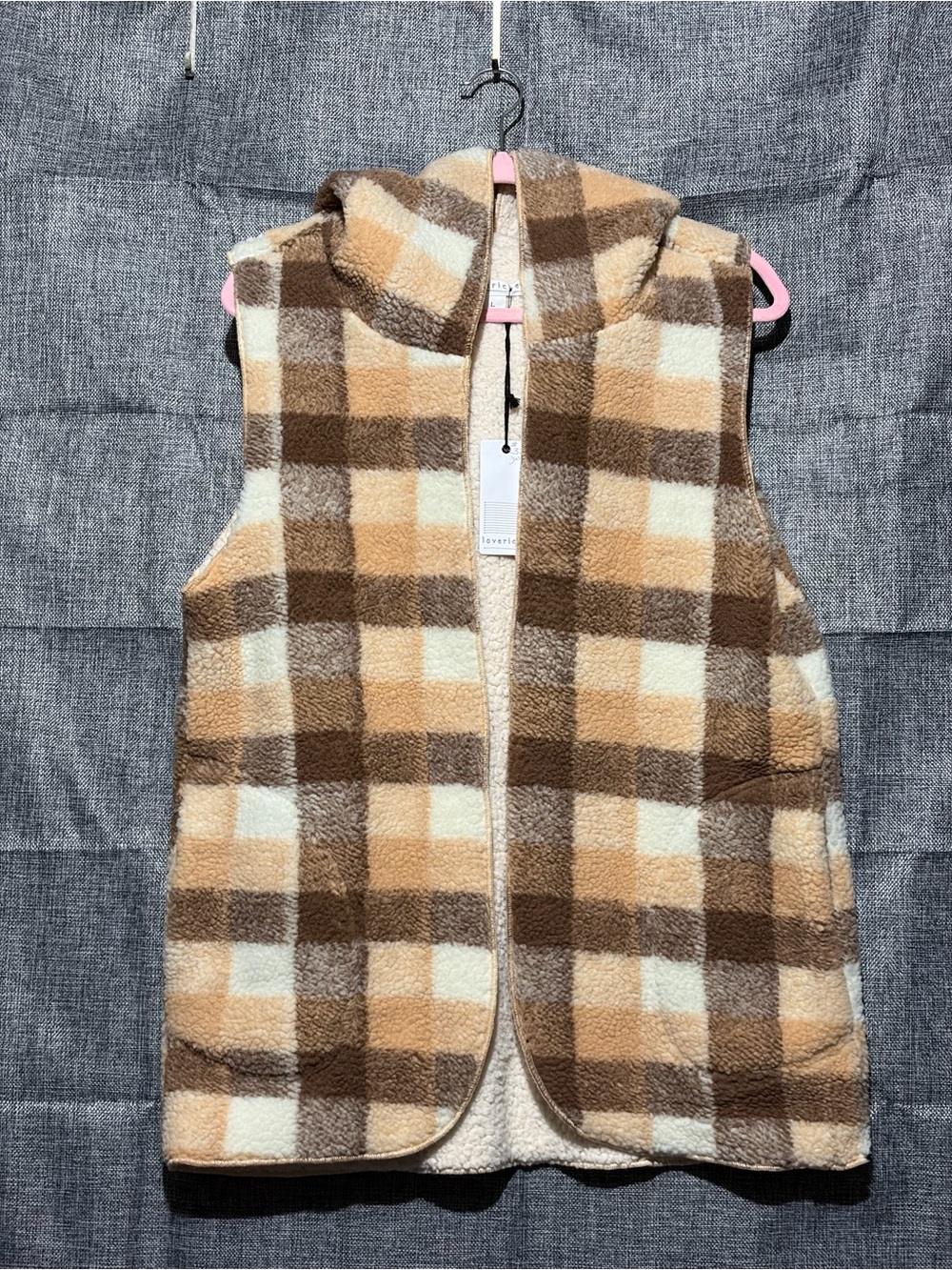 Loveriche Plush Sherpa Hooded Vest - Brown Plaid women’s Large
